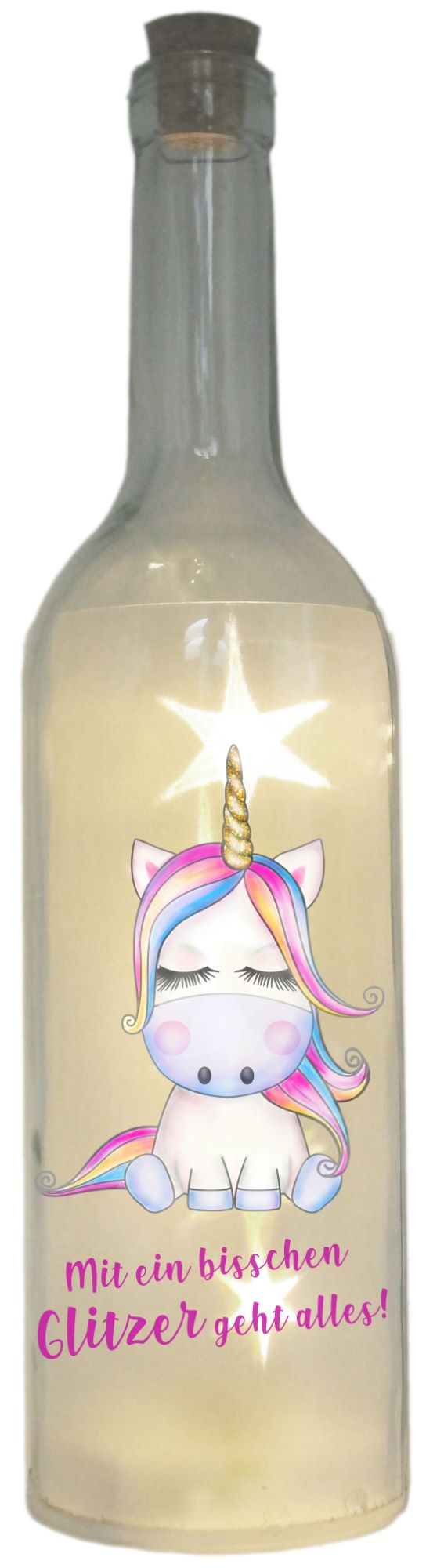 LED-Flasche Folien-Motiv, Mit ein bisschen Glitzer geht alles Einhorn bunt, 29cm, Flaschen-Licht Lampe mit Text Spruch