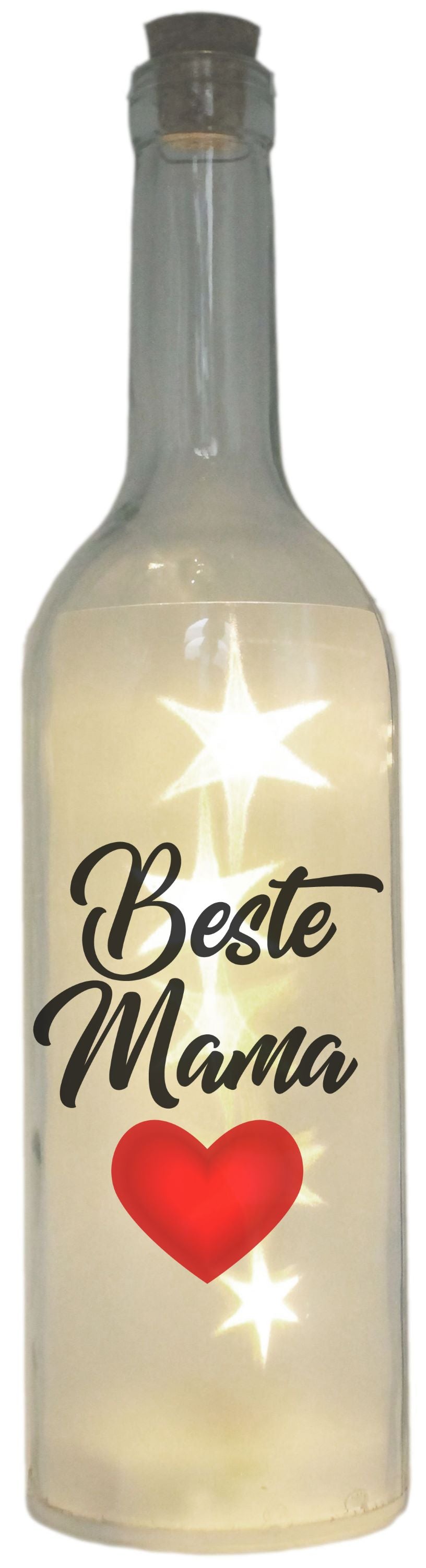 LED-Flasche Folien-Motiv Beste Mama Herz, 29cm, Flaschen-Licht Lampe mit Text Spruch Mutter-Tag