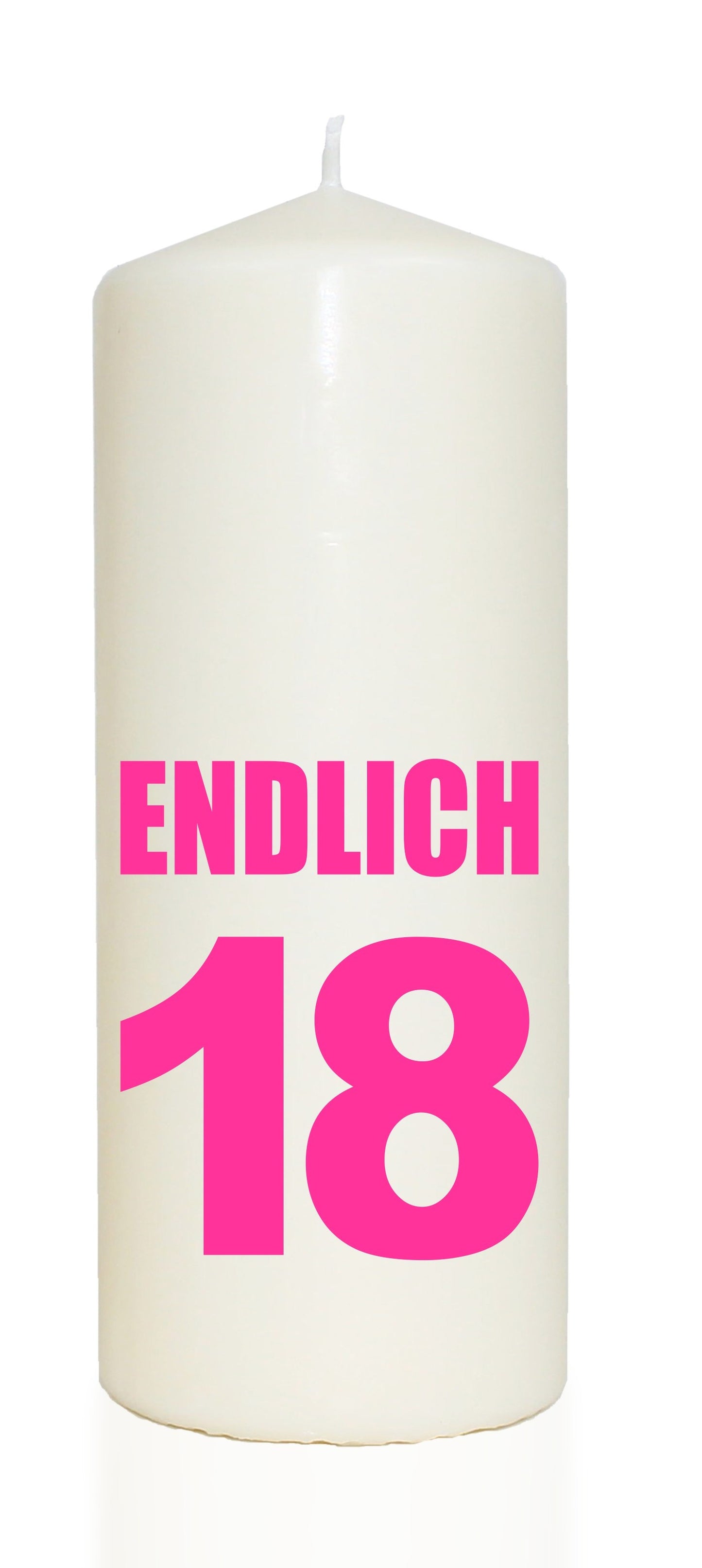 Spruchkerze, ENDLICH 18, pink, 20cm, 765g Ø8cm, Kerze mit Spruch, Brenndauer ca 70 Std