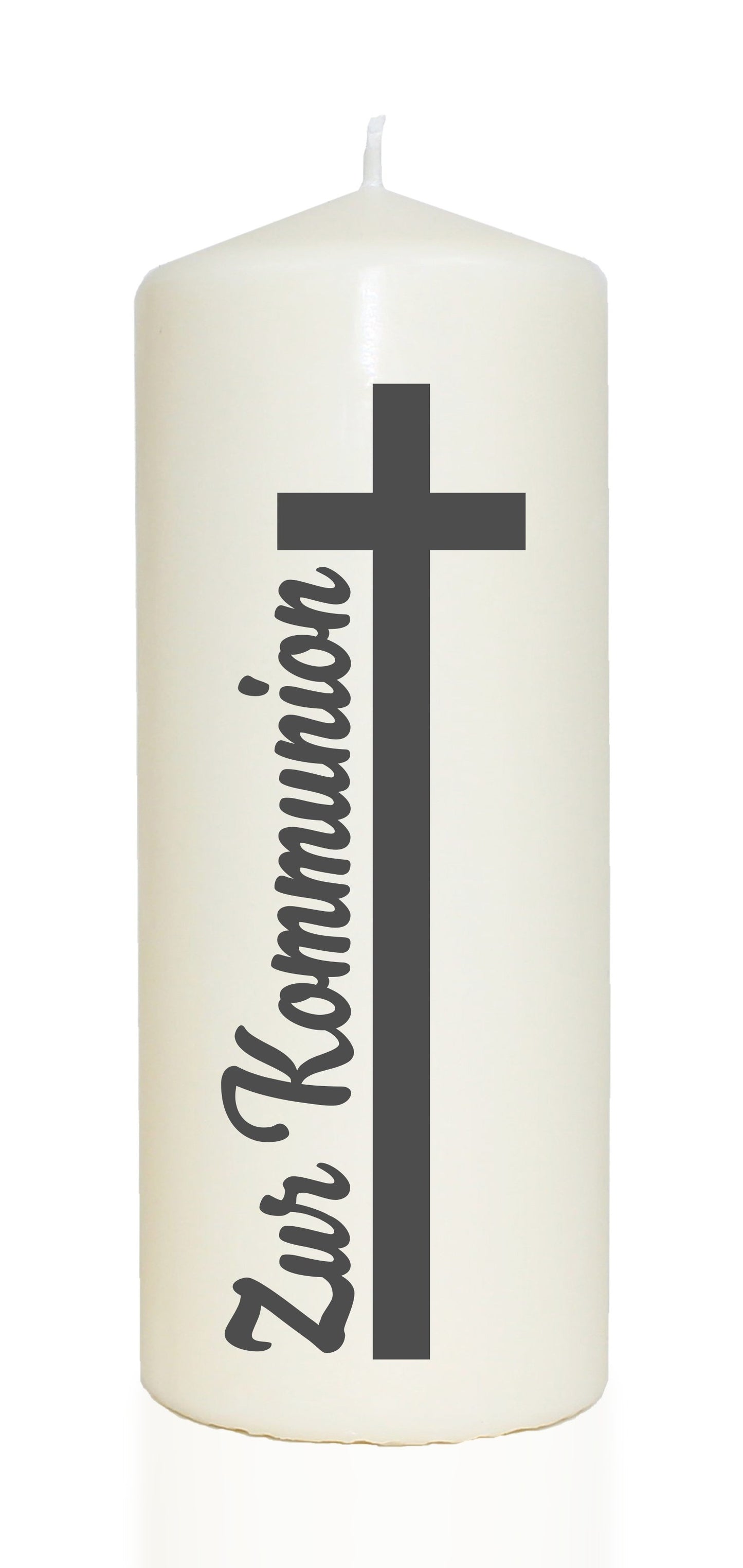 Spruchkerze, KREUZ Zur Kommunion, grau, 20cm, 765g Ø8cm, Kerze mit Spruch, Brenndauer ca 70 Std