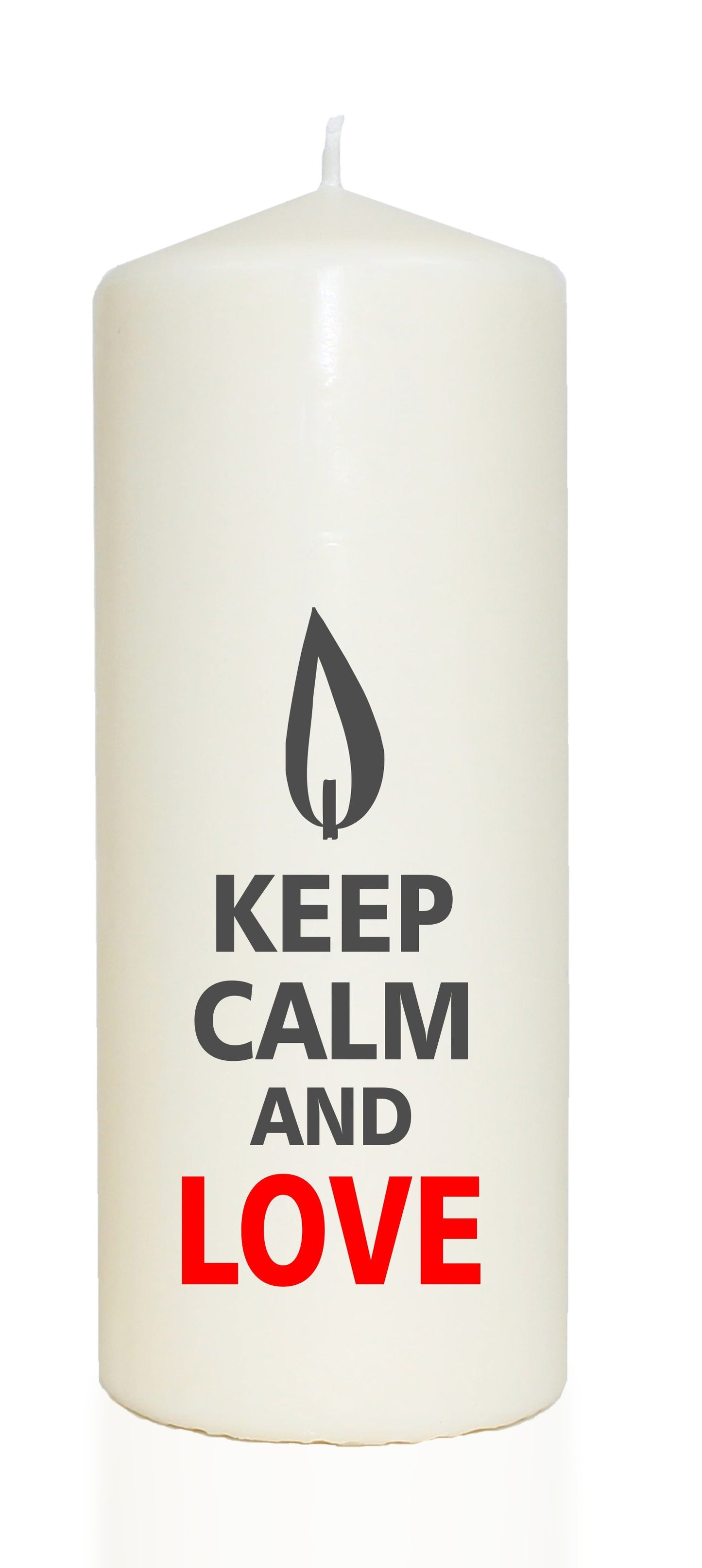 Spruchkerze, KEEP CALM AND LOVE, grau / rot, 20cm, 765g Ø8cm, Kerze mit Spruch, Brenndauer ca 70 Std