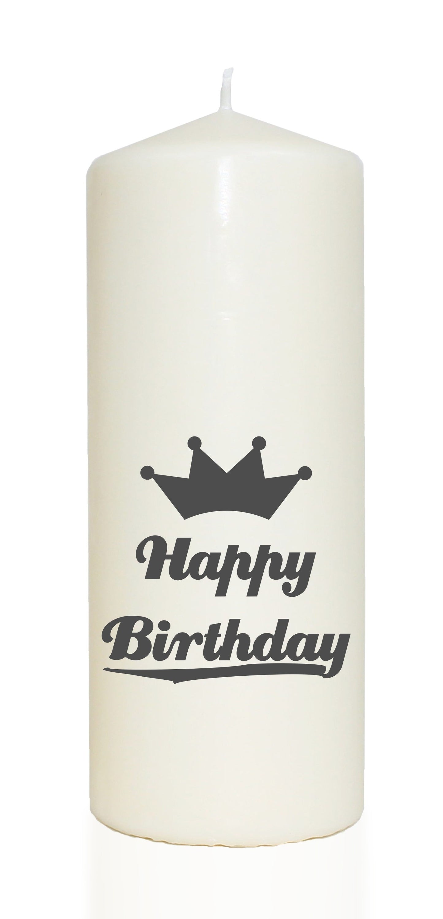 Spruchkerze, Happy Birthday / mit Krone, grau, 20cm, 765g Ø8cm, Kerze mit Spruch, Brenndauer ca 70 Std