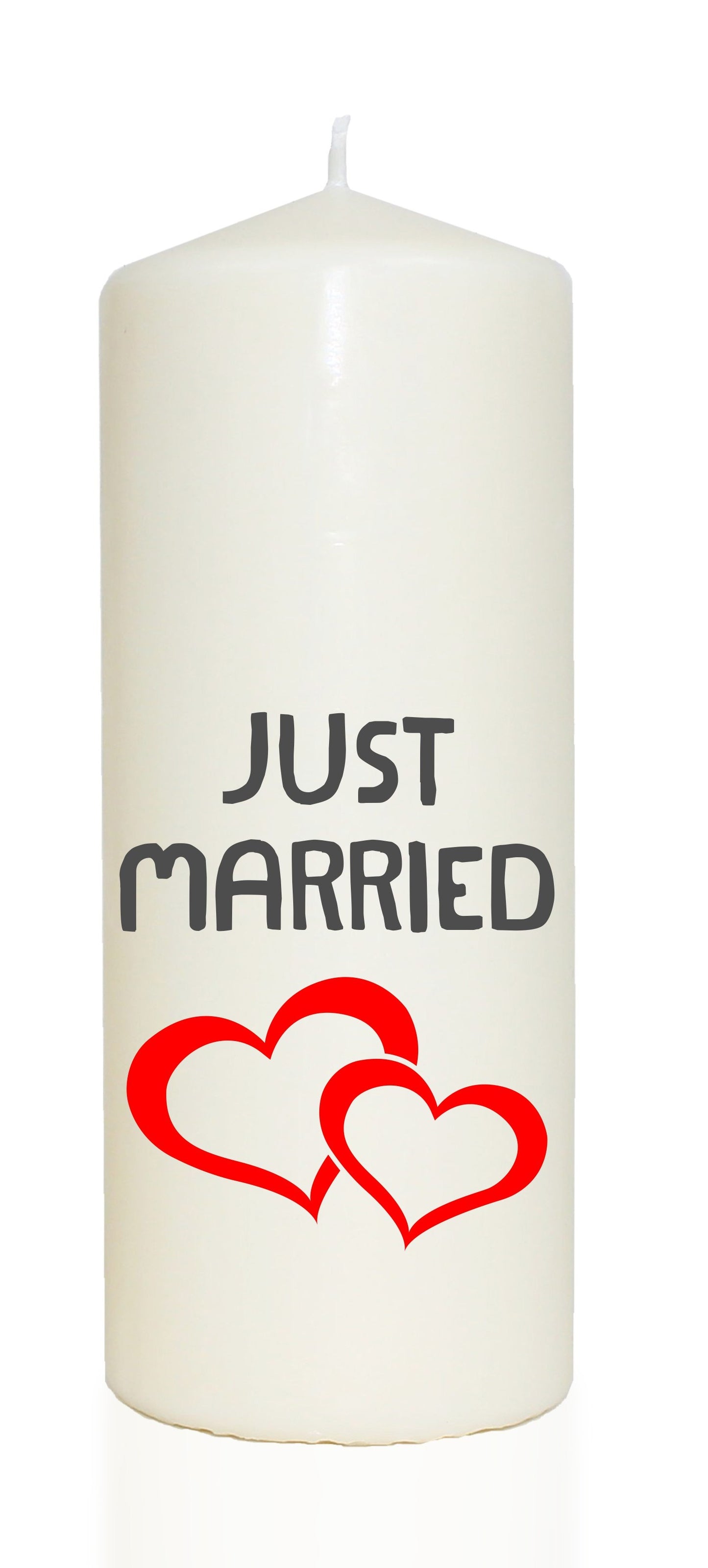 Spruchkerze, JUST MARRIED mit zwei Herzen, grau / rot, 20cm, 765g Ø8cm, Kerze mit Spruch, Brenndauer ca 70 Std