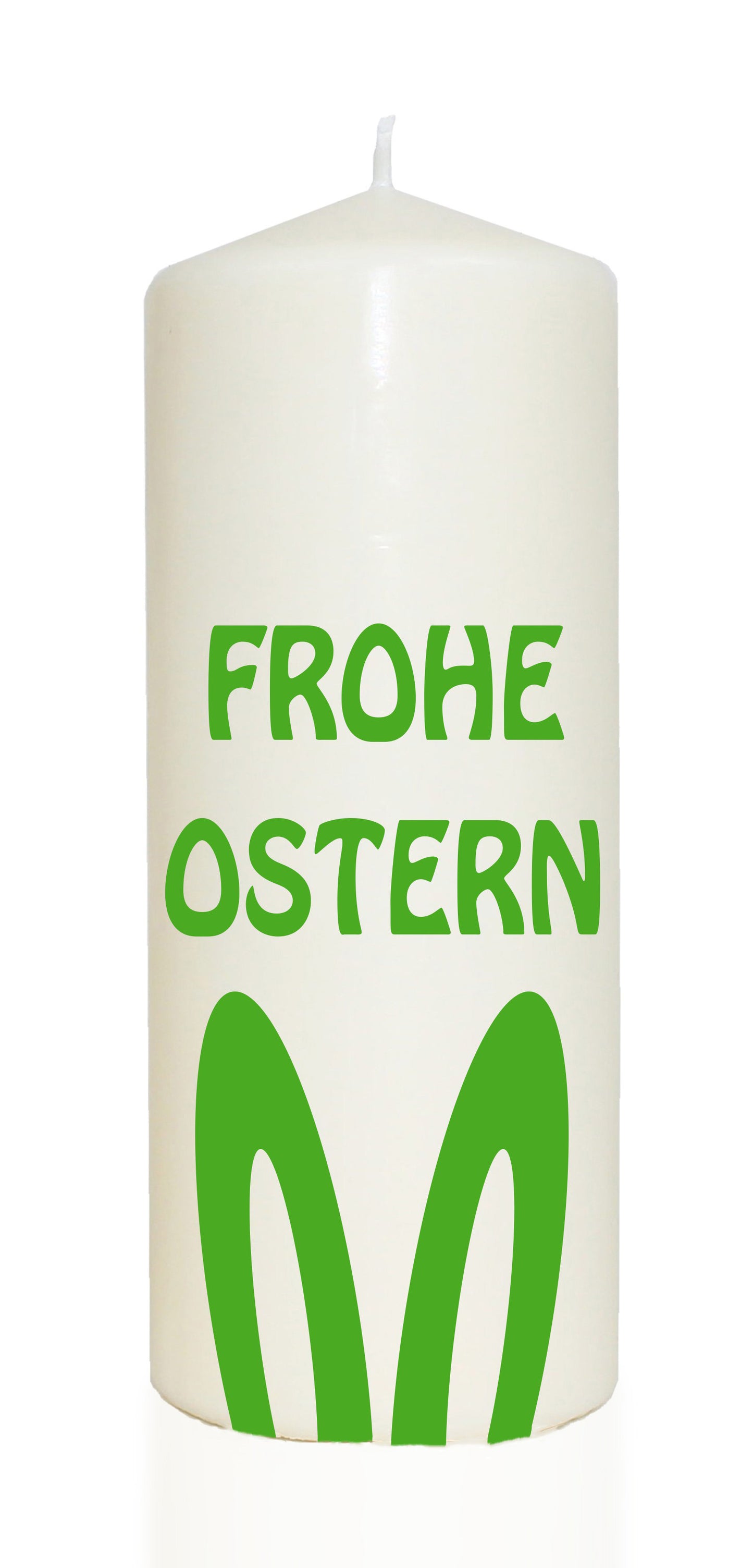 Spruchkerze, Frohe Ostern / mit Ohren, grün, 20cm, 765g Ø8cm, Kerze mit Spruch, Brenndauer ca 70 Std