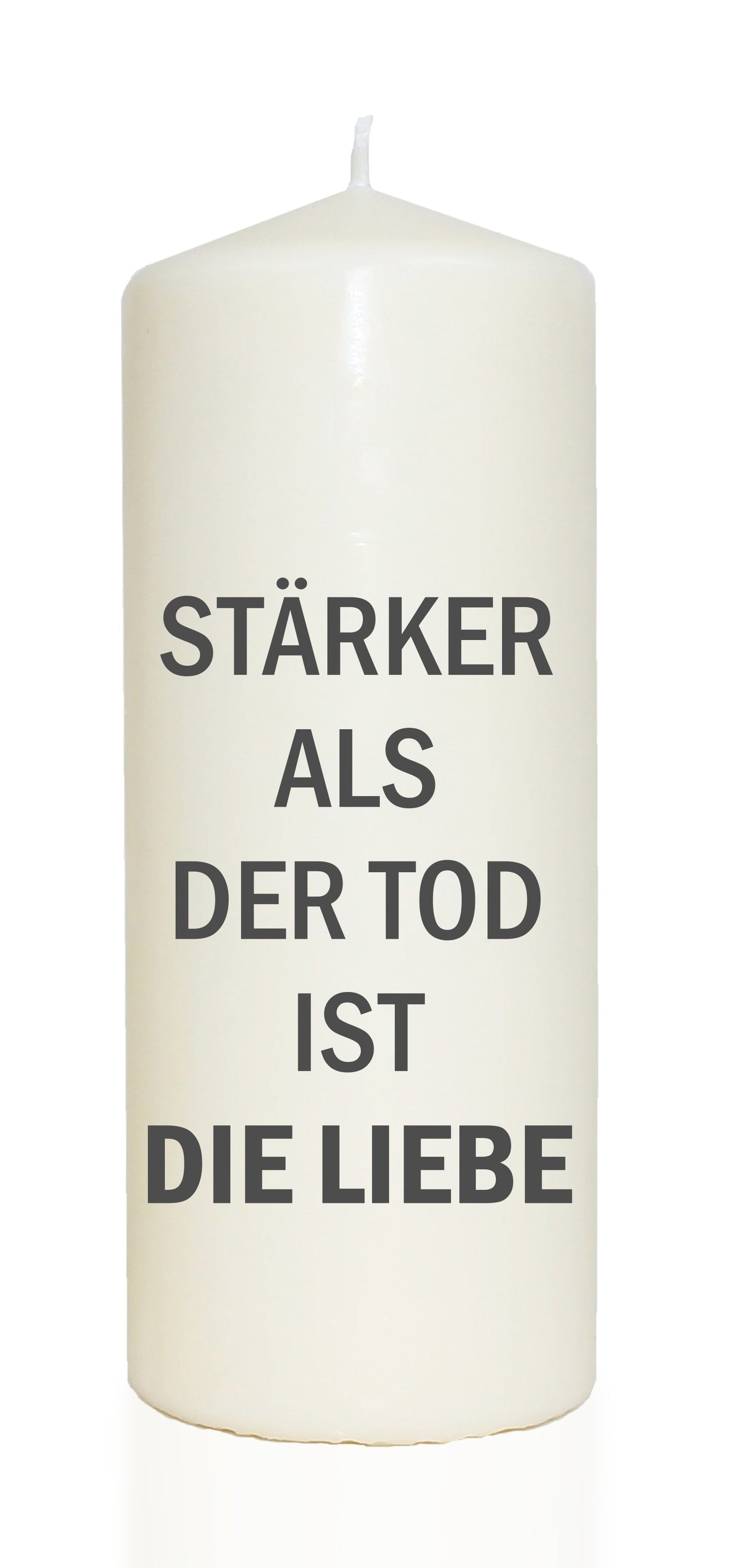 Spruchkerze, Stärker als der Tod ist die Liebe, grau, 20cm, 765g Ø8cm, Trauer-Kerze mit Spruch, Brenndauer ca 70 Std
