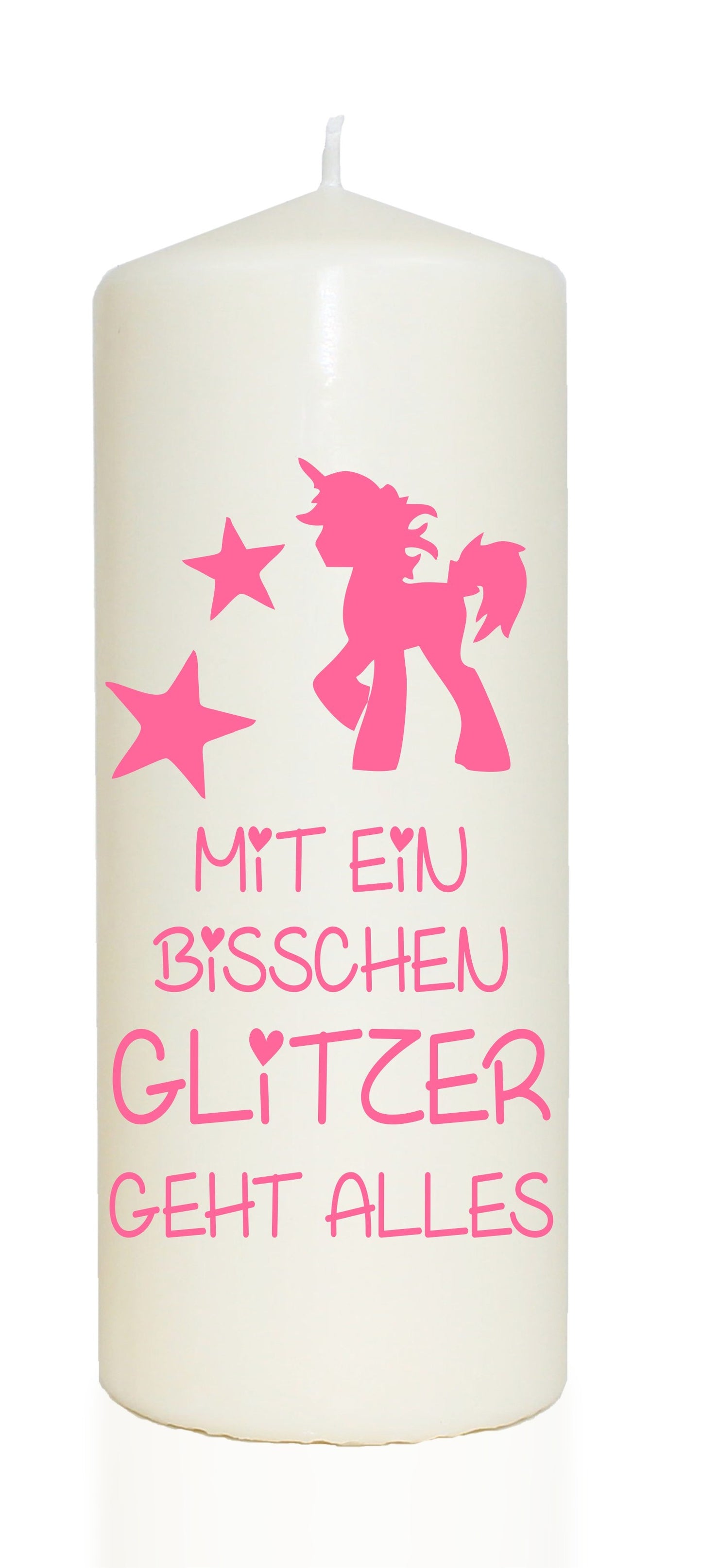 Spruchkerze, Mit ein bisschen Glitzer geht alles / Einhorn, rosa, 20cm, 765g Ø8cm, Kerze mit Spruch, Brenndauer ca 70 Std