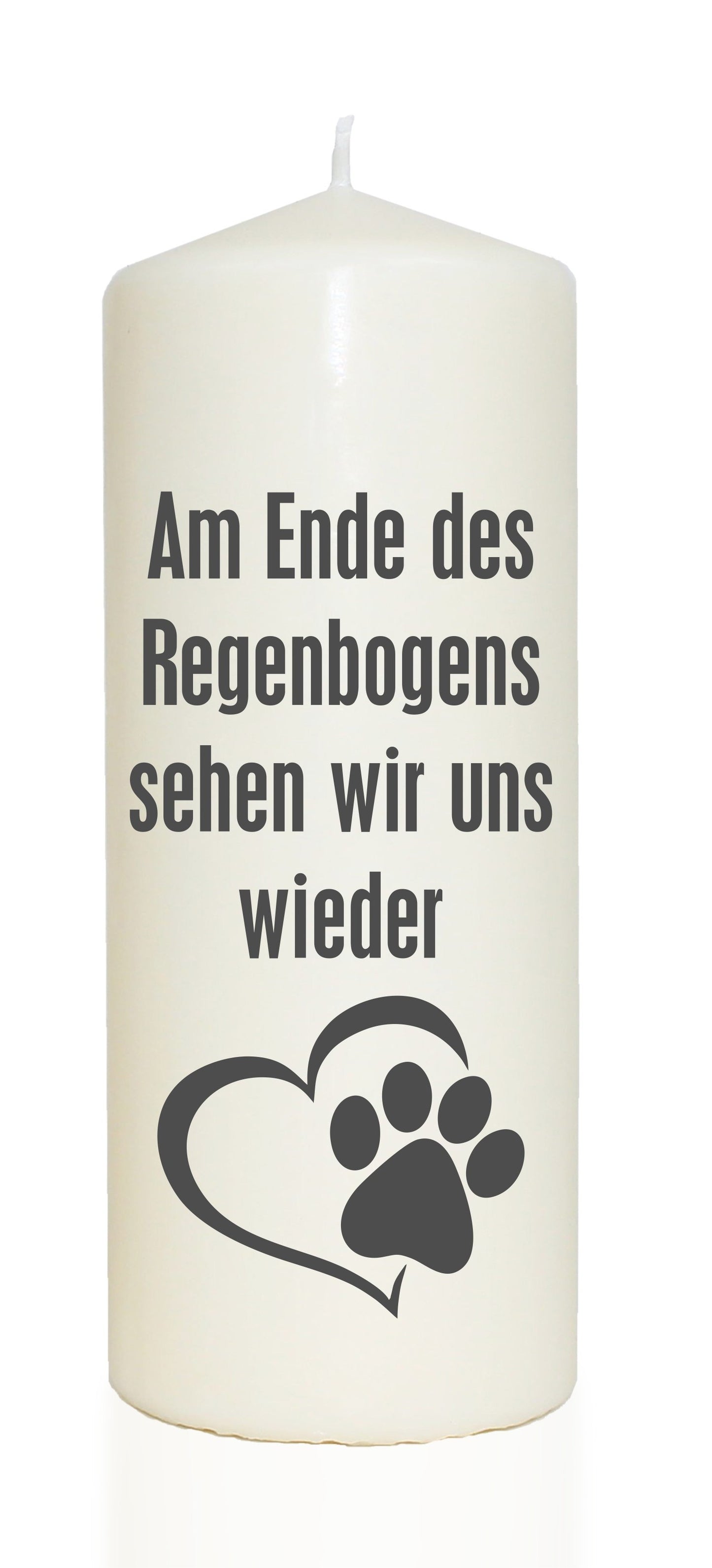 Spruchkerze, Am Ende des Regenbogens... / Hund Katze, grau, 20cm, 765g Ø8cm, Trauer-Kerze mit Spruch, Brenndauer ca 70 Std