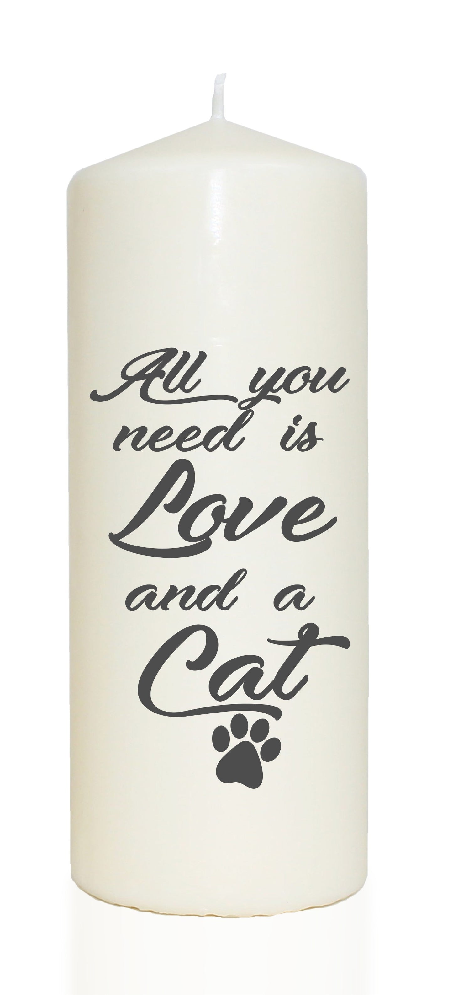 Spruchkerze, All you need is Love and a Cat, grau, 20cm, 765g Ø8cm, Kerze mit Spruch, Brenndauer ca 70 Std