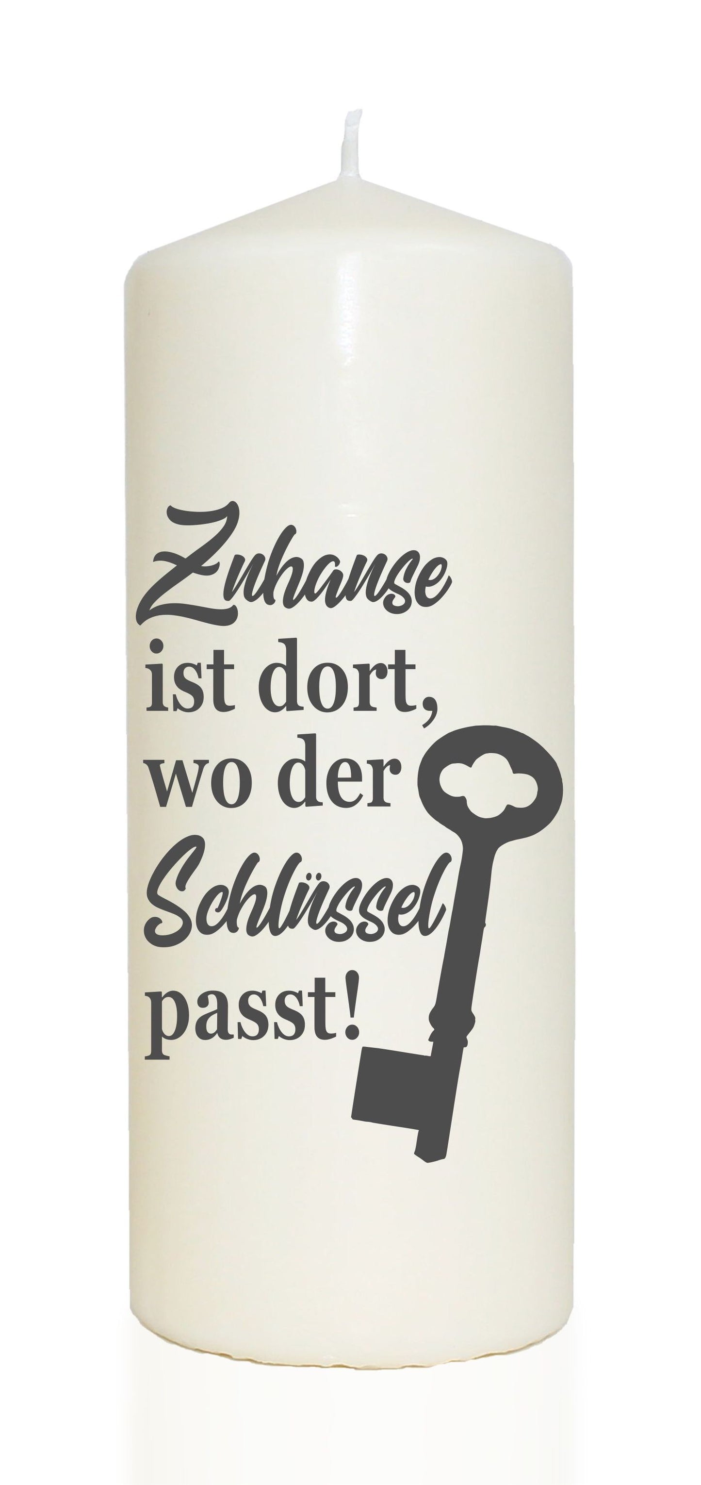 Spruchkerze, Zuhause ist dort wo der Schlüssel passt, grau, 20cm, 765g Ø8cm, Kerze mit Spruch, Brenndauer ca 70 Std