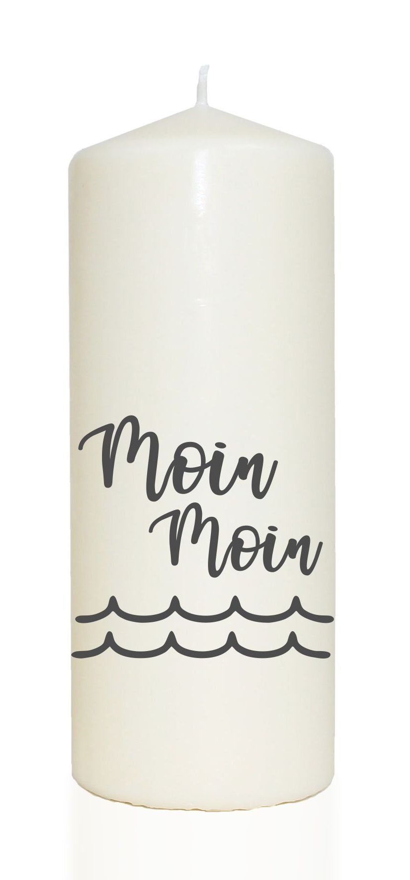 Spruchkerze, Moin Moin Welle, grau, 20cm, 765g d8cm, Kerze mit Spruch, Brenndauer ca 70 Std