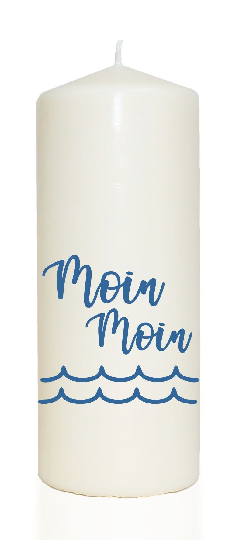 Spruchkerze, Moin Moin Welle, blau, 20cm, 765g d8cm, Kerze mit Spruch, Brenndauer ca 70 Std