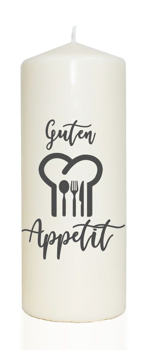 Spruchkerze, Guten Appetit, grau, 20cm, 765g d8cm, Kerze mit Spruch, Brenndauer ca 70 Std