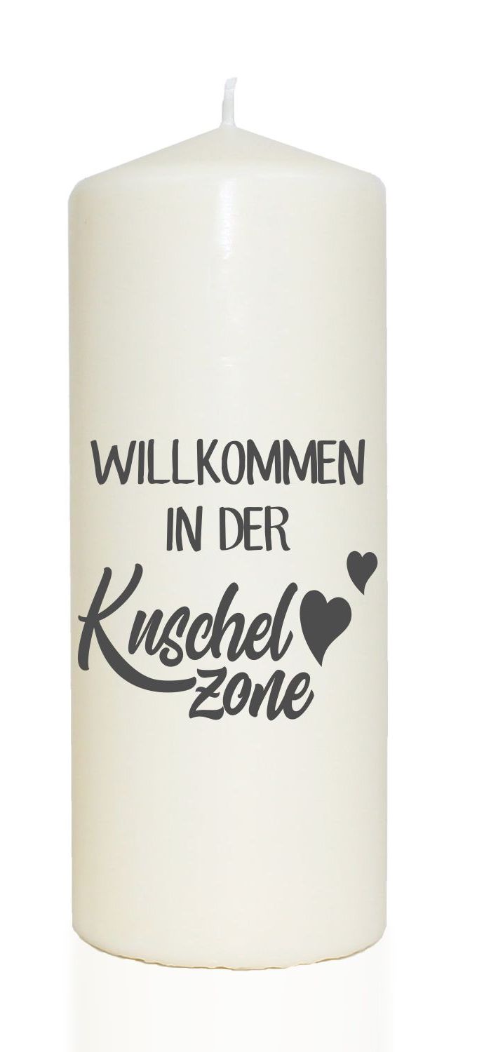 Spruchkerze, Willkommen in der Kuschelzone, grau, 20cm, 765g d8cm, Kerze mit Spruch, Brenndauer ca 70 Std