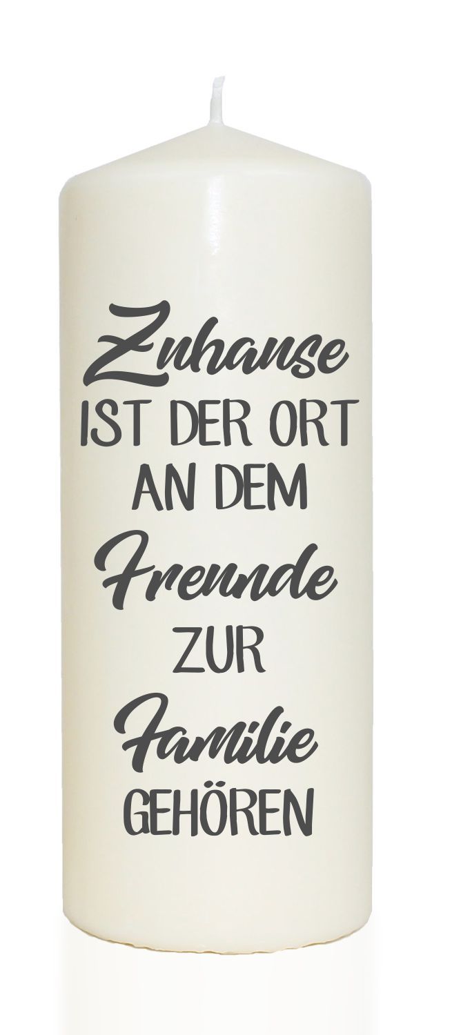 Spruchkerze, Zuhause ist der Ort an dem Freunde zur Familie gehören, grau, 20cm, 765g d8cm, Kerze mit Spruch, Brenndauer ca 70 Std