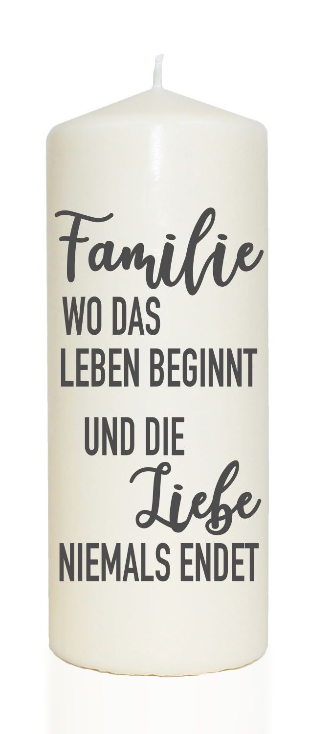Spruchkerze, Familie wo das Leben beginnt und die Liebe niemals endet, grau, 20cm, 765g d8cm, Kerze mit Spruch, Brenndauer ca 70 Std