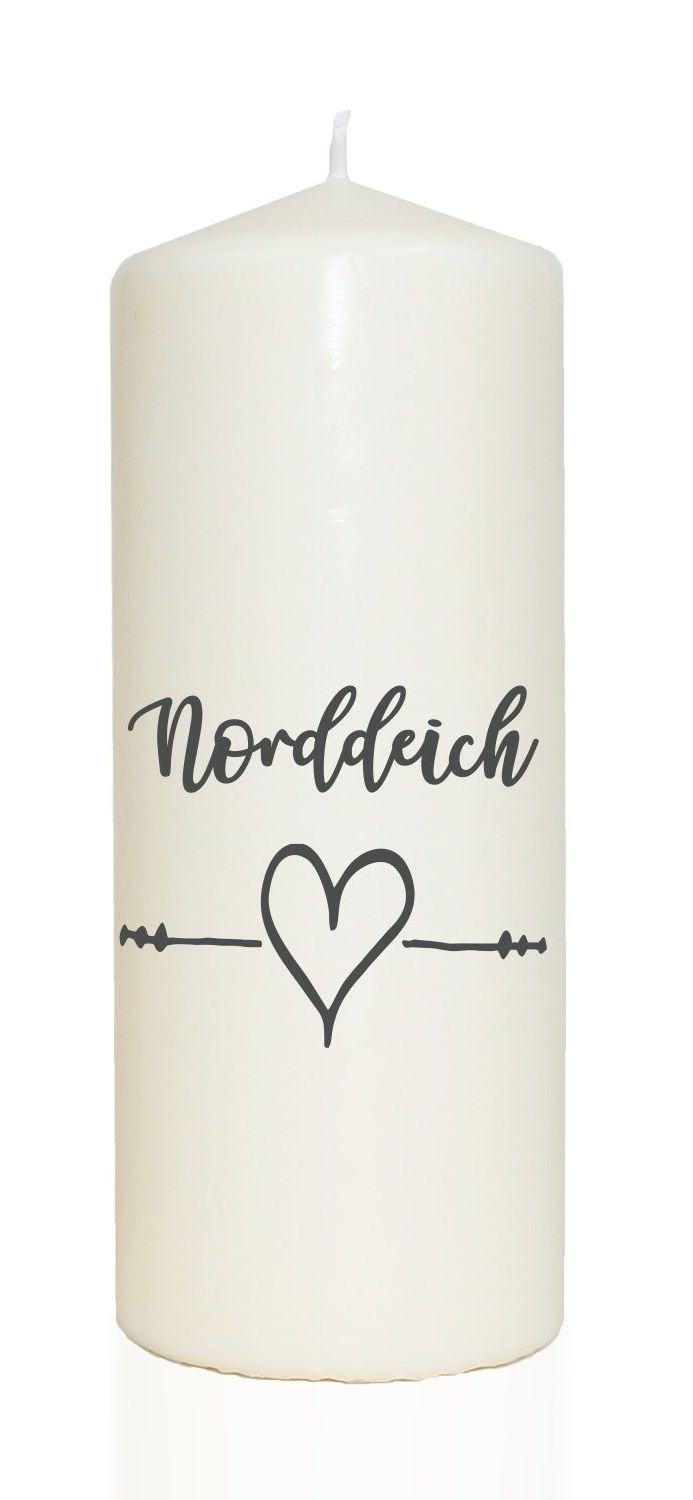 Spruchkerze, Norddeich Herz maritim, grau, 20cm, 765g d8cm, Kerze mit Spruch, Brenndauer ca 70 Std