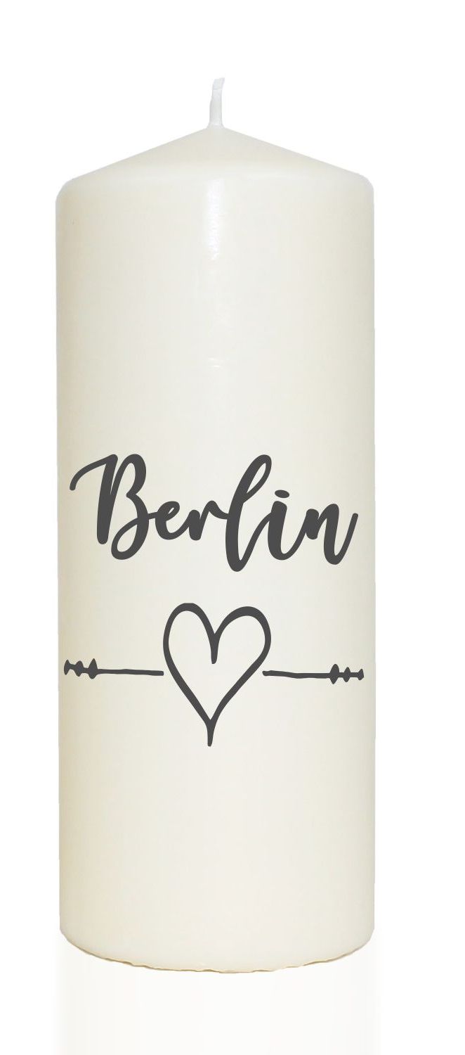 Spruchkerze, Berlin Herz, grau, 20cm, 765g d8cm, Kerze mit Spruch, Brenndauer ca 70 Std