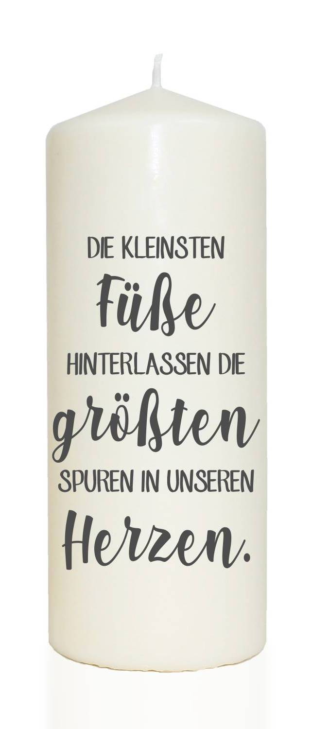 Spruchkerze, Die kleinsten Füße hinterlassen die größten Spuren, grau, 20cm, 765g d8cm, Kerze mit Spruch, Brenndauer ca 70 Std Trauer-Licht