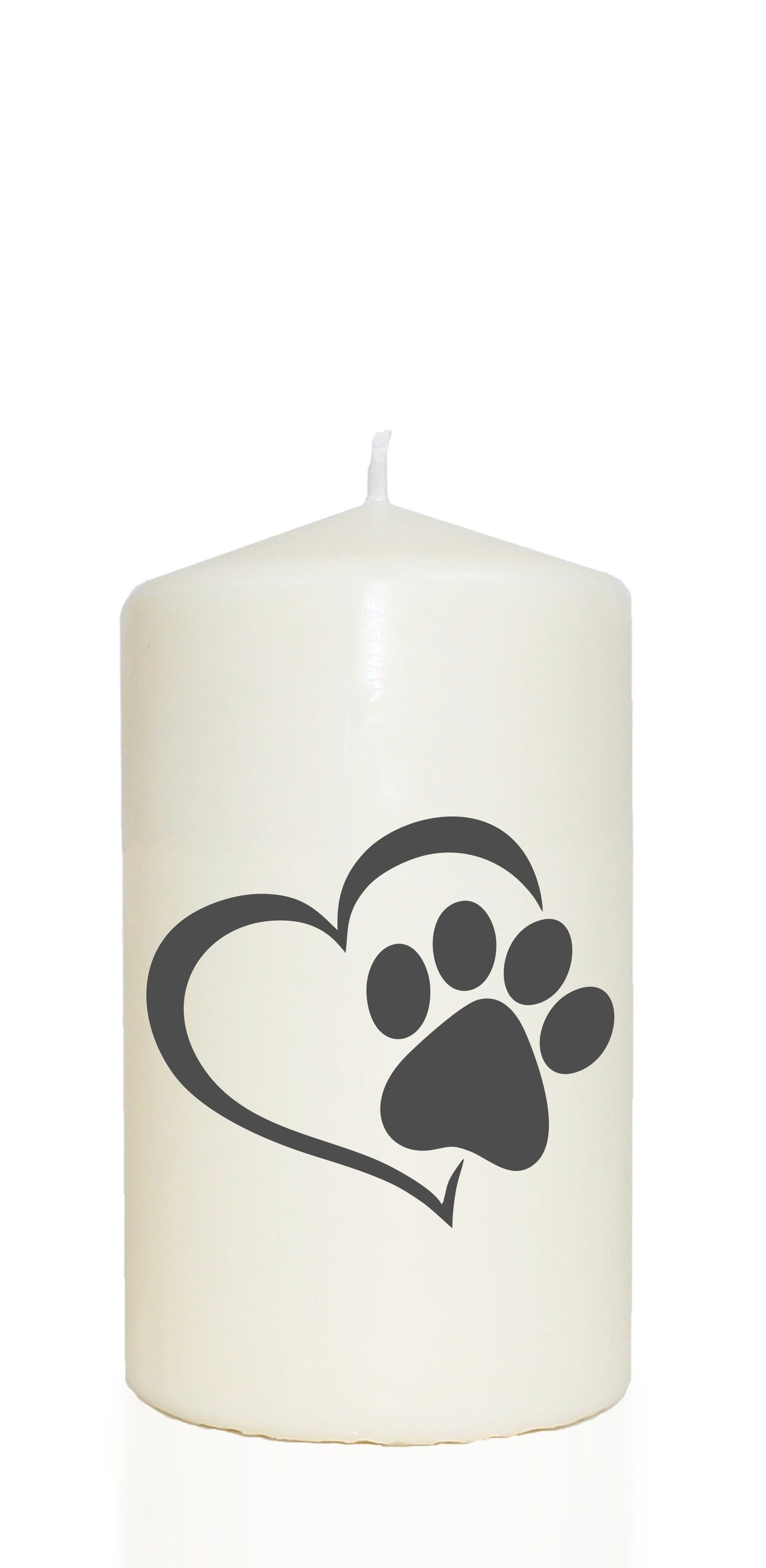 Spruchkerze, Tier-Pfote mit Herz / Hund Katze, grau, 14cm, 480g Ø8cm, Trauer-Kerze mit Spruch, Brenndauer ca 55 Std