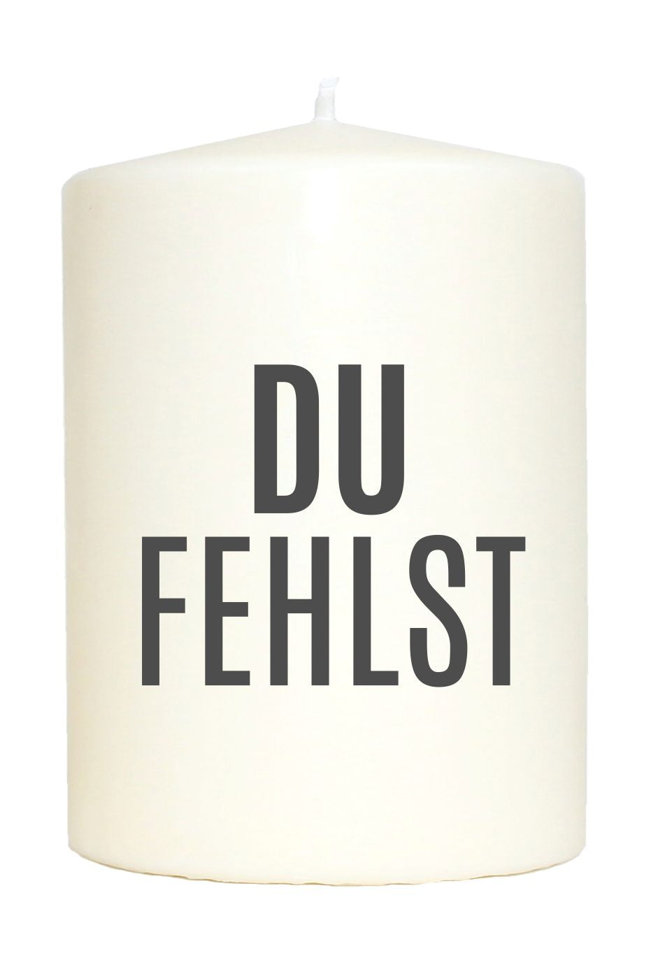 Kleine Spruchkerze weiß, Du fehlst, Aufdruck grau, 10x7cm, Trauer-Kerze Gedenk-Kerze mit Spruch Motiv-Kerze