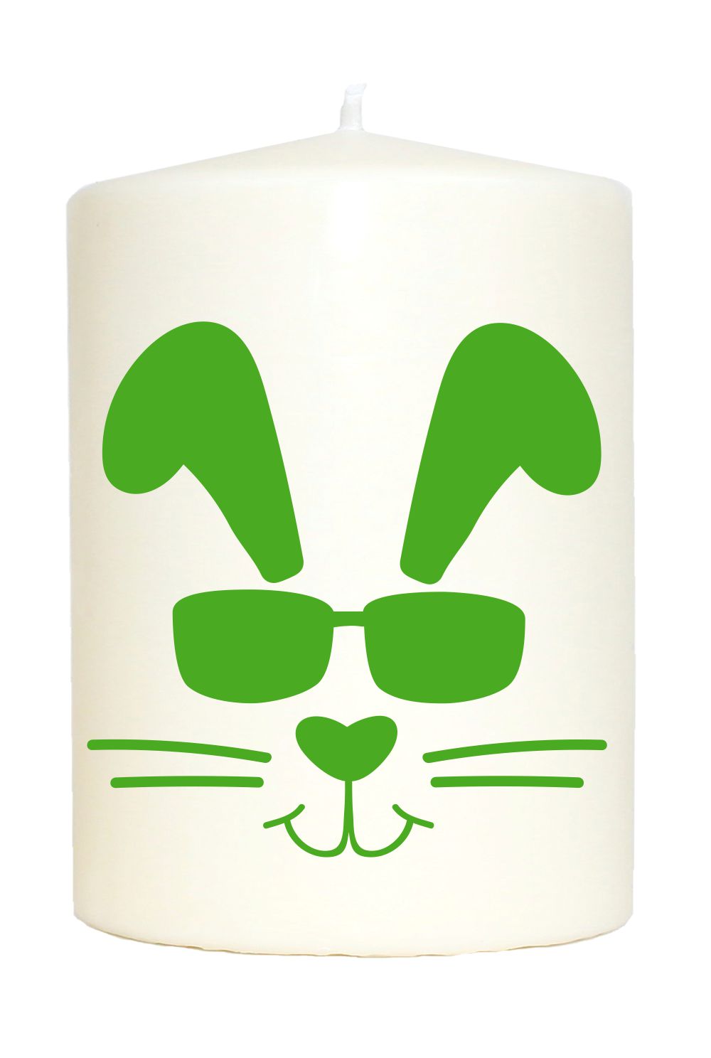 Kleine Spruchkerze weiß, Cooler Oster-Hase Frohe Ostern, Aufdruck grün, 10x7cm, Kerze mit Spruch Motiv-Kerze