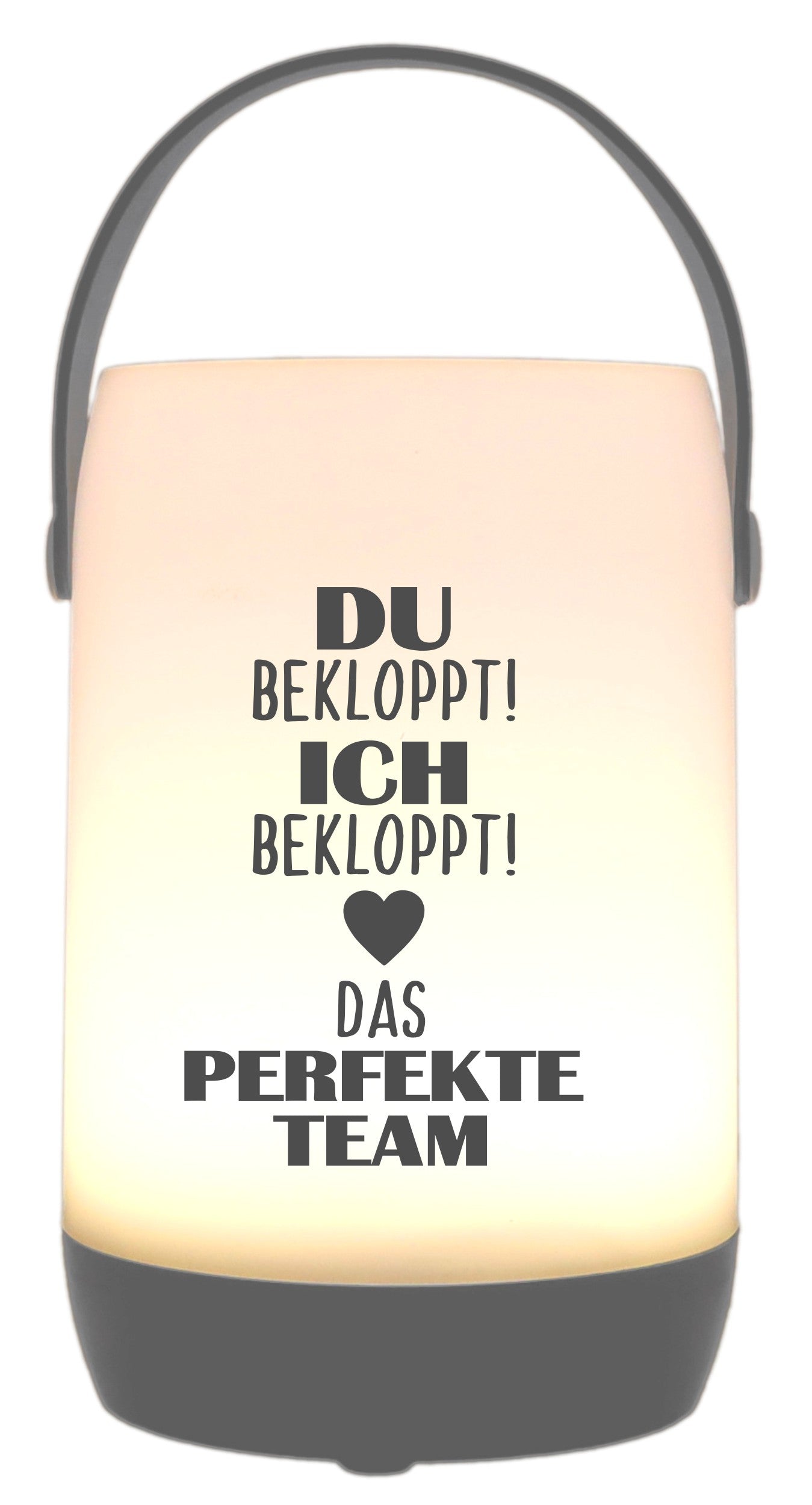 LED-Laterne Touch-Funktion & Akku, Ich Du bekloppt Das perfekte Team, grau 19x11,5cm, mit Bügel 25cm, LED-Licht LED-Leuchte LED-Lampe