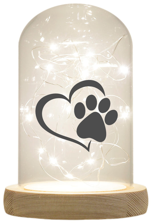 LED-Glaskuppel, Tier-Pfote Katze Hund Regenbogen-Brücke, 16,5x11cm, Glasglocke mit LED-Licht und Holz-Fuß LED-Laterne LED-Lampe mit Text Spruch