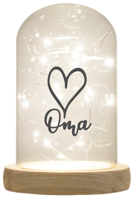 LED-Glaskuppel, Oma Herz, 16,5x11cm, Glasglocke mit LED-Licht und Holz-Fuß LED-Laterne LED-Lampe mit Text Spruch
