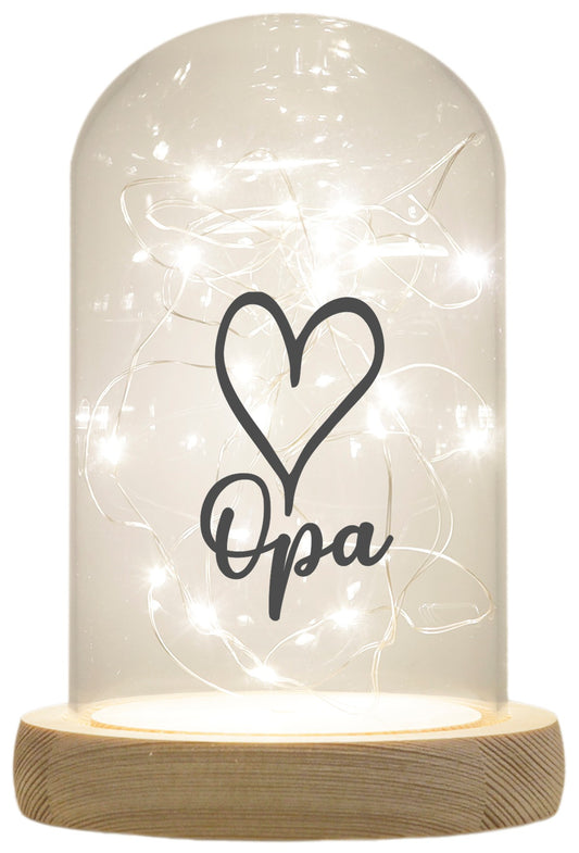 LED-Glaskuppel, Opa Herz, 16,5x11cm, Glasglocke mit LED-Licht und Holz-Fuß LED-Laterne LED-Lampe mit Text Spruch