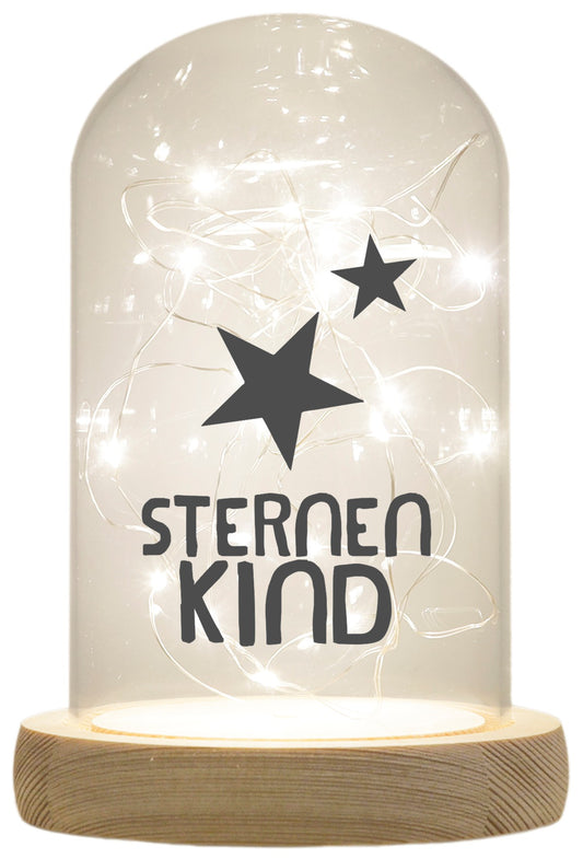 LED-Glaskuppel, Sternenkind, 16,5x11cm, Glasglocke mit LED-Licht und Holz-Fuß LED-Laterne LED-Lampe mit Text Spruch