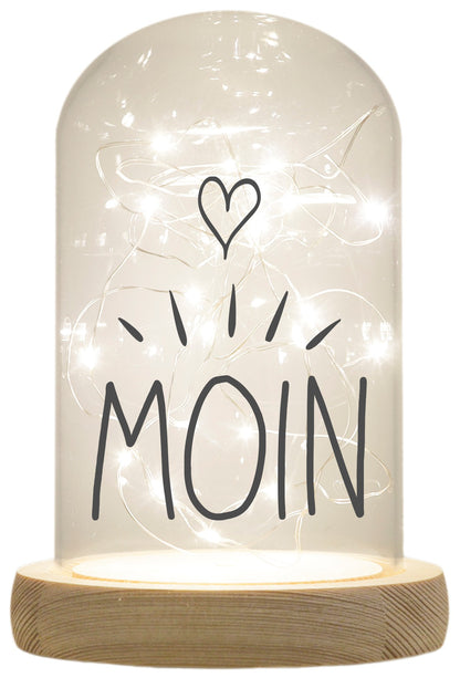 LED-Glaskuppel, Moin Herz, 16,5x11cm, Glasglocke mit LED-Licht und Holz-Fuß LED-Laterne LED-Lampe mit Text Spruch
