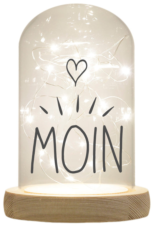 LED-Glaskuppel, Moin Herz, 16,5x11cm, Glasglocke mit LED-Licht und Holz-Fuß LED-Laterne LED-Lampe mit Text Spruch