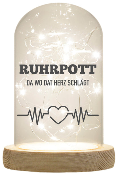 LED-Glaskuppel, Ruhrpott da wo dat Herz schlägt, 16,5x11cm, Glasglocke mit LED-Licht und Holz-Fuß LED-Laterne LED-Lampe mit Text Spruch