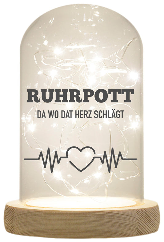 LED-Glaskuppel, Ruhrpott da wo dat Herz schlägt, 16,5x11cm, Glasglocke mit LED-Licht und Holz-Fuß LED-Laterne LED-Lampe mit Text Spruch