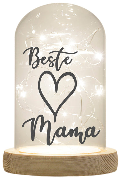 LED-Glaskuppel, Beste Mama Herz, 16,5x11cm, Glasglocke mit LED-Licht und Holz-Fuß LED-Laterne LED-Lampe mit Text Spruch
