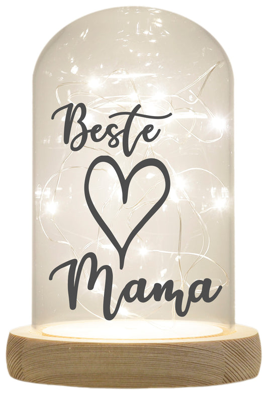 LED-Glaskuppel, Beste Mama Herz, 16,5x11cm, Glasglocke mit LED-Licht und Holz-Fuß LED-Laterne LED-Lampe mit Text Spruch