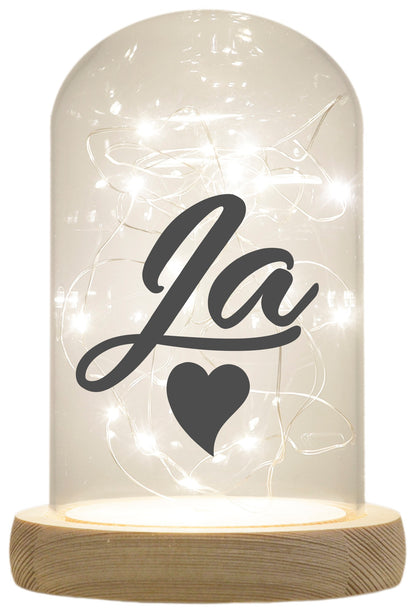 LED-Glaskuppel, Ja Herz, Hochzeit, 16,5x11cm, Glasglocke mit LED-Licht und Holz-Fuß LED-Laterne LED-Lampe mit Text Spruch