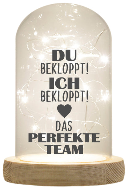 LED-Glaskuppel, Ich Du bekloppt Das perfekte Team, 16,5x11cm, Glasglocke mit LED-Licht und Holz-Fuß LED-Laterne LED-Lampe mit Text Spruch