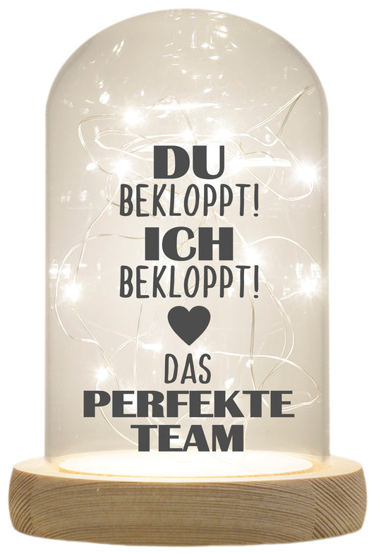 LED-Glaskuppel, Ich Du bekloppt Das perfekte Team, 16,5x11cm, Glasglocke mit LED-Licht und Holz-Fuß LED-Laterne LED-Lampe mit Text Spruch