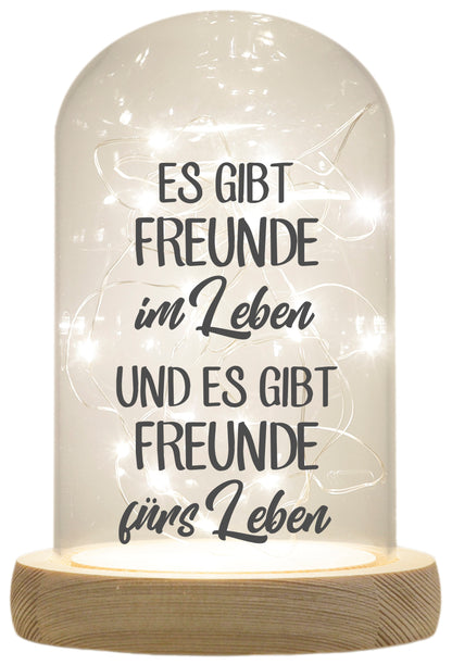 LED-Glaskuppel, Es gibt Freunde im und fürs Leben, 16,5x11cm, Glasglocke mit LED-Licht und Holz-Fuß LED-Laterne LED-Lampe mit Text Spruch