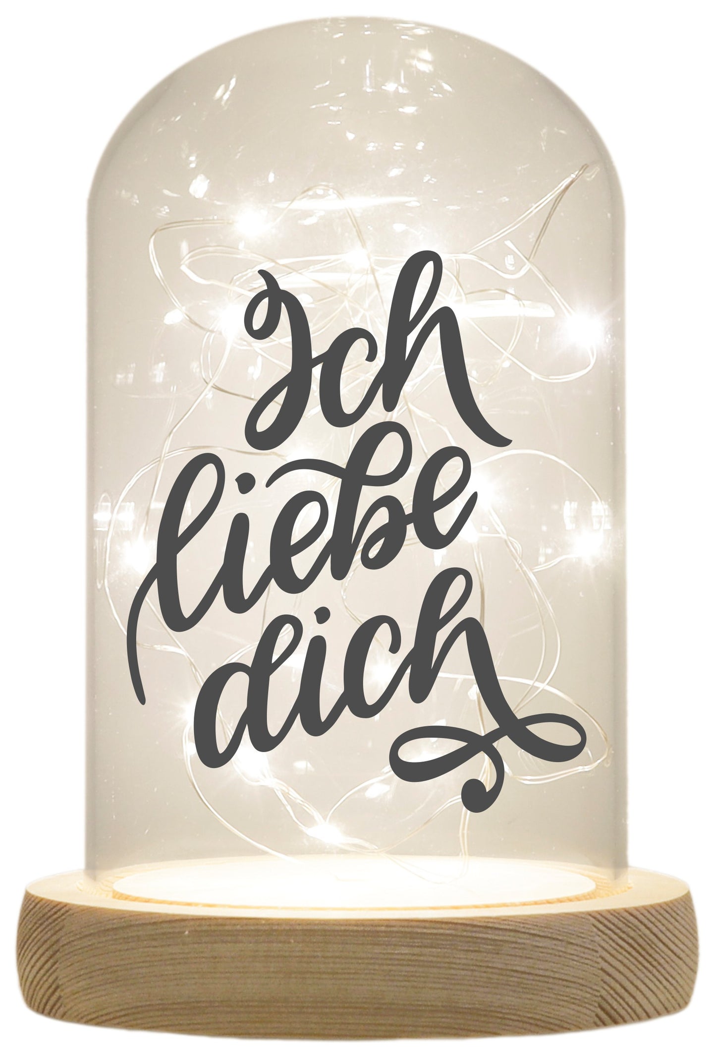 LED-Glaskuppel, ich liebe dich, 16,5x11cm, Glasglocke mit LED-Licht und Holz-Fuß LED-Laterne LED-Lampe mit Text Spruch