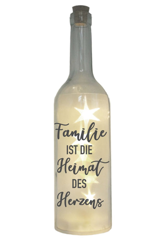 LED-Flasche mit Motiv, Familie ist die Heimat des Herzens, grau, 29cm, Flaschen-Licht Lampe mit Text Spruch
