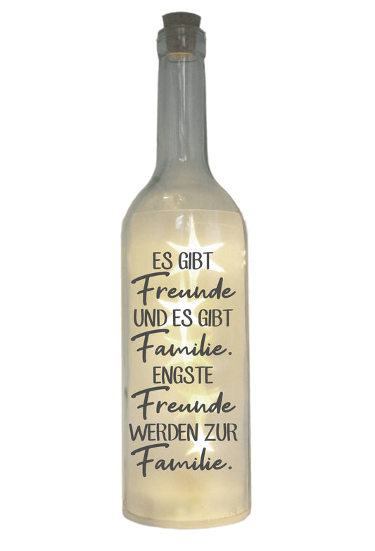 LED-Flasche mit Motiv, Es gibt Freunde und es gibt Familie, grau, 29cm, Flaschen-Licht Lampe mit Text Spruch