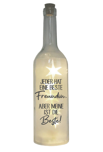 LED-Flasche mit Motiv, Jeder hat eine beste Freundin, grau, 29cm, Flaschen-Licht Lampe mit Text Spruch