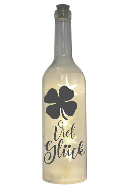 LED-Flasche mit Motiv, Viel Glück Kleeblatt, grau, 29cm, Flaschen-Licht Lampe mit Text Spruch