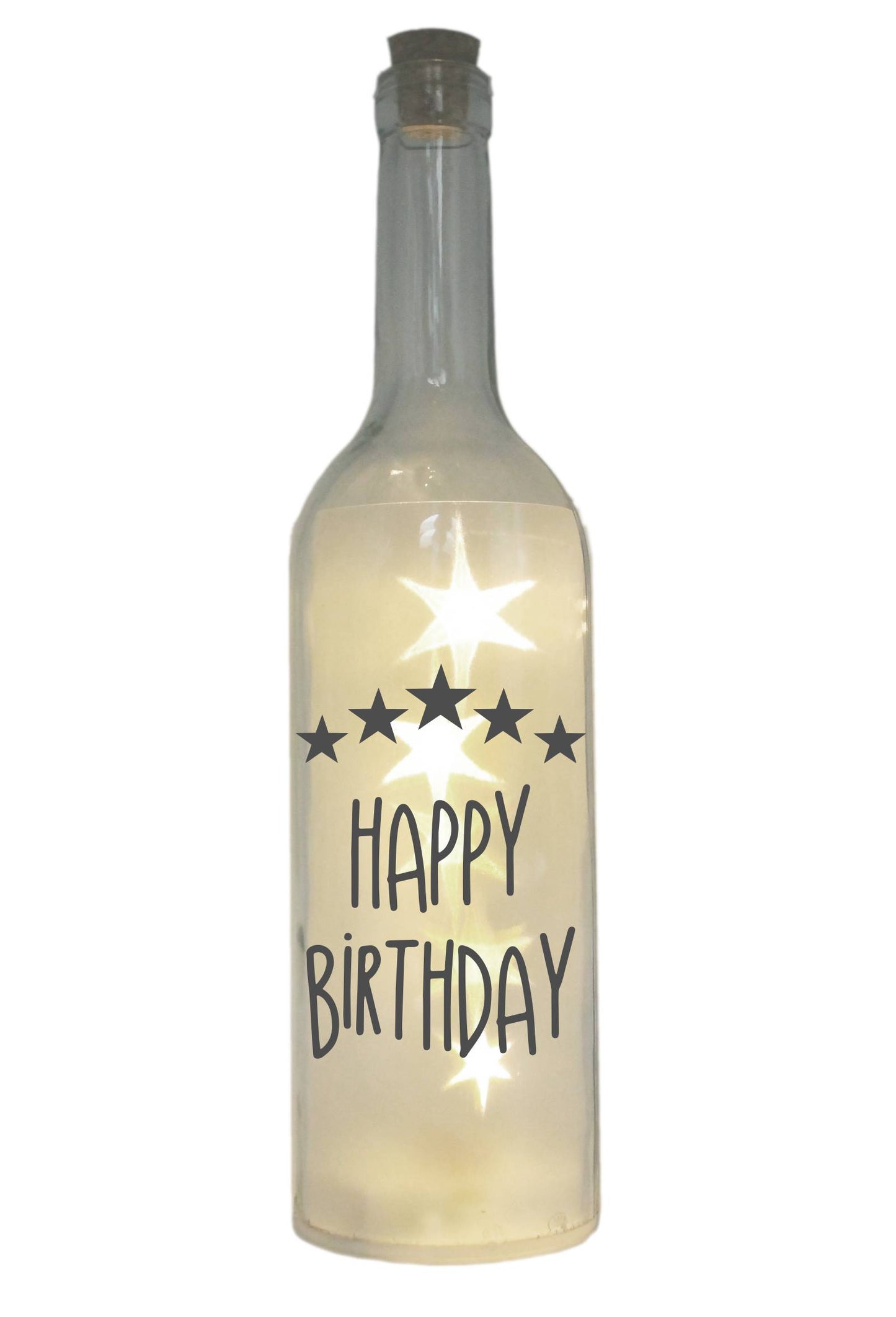 LED-Flasche mit Motiv, Happy Birthday Sterne, grau, 29cm, Flaschen-Licht Lampe mit Text Spruch