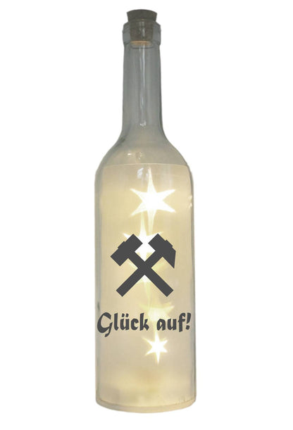 LED-Flasche mit Motiv, Glück auf! Schlägel und Eisen, grau, 29cm, Flaschen-Licht Lampe mit Text Spruch Ruhrgebiet