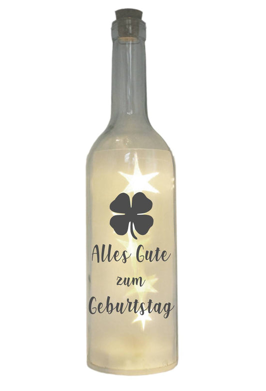 LED-Flasche mit Motiv, Alles Gute zum Geburtstag Kleeblatt, grau, 29cm, Flaschen-Licht Lampe mit Text Spruch