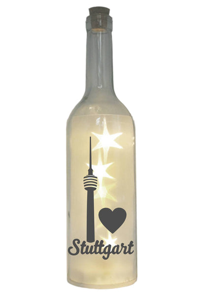LED-Flasche mit Motiv, Stuttgart Fernsehturm Herz, grau, 29cm, Flaschen-Licht Lampe mit Text Spruch