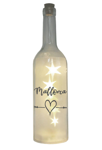 LED-Flasche mit Motiv, Insel Mallorca Herz, grau, 29cm, Flaschen-Licht Lampe mit Text Spruch Stadt